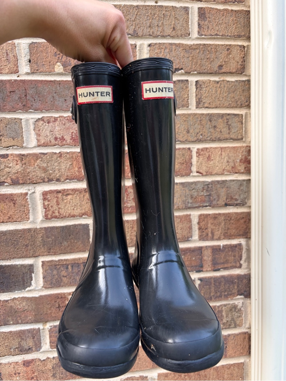 Hunter Gloss Black Tall Rain Boots with Red Logo Trim